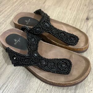 Black Beige Beaded Thong Sandals Sz 8M Embellished Boho Fairy Peasant Boutique